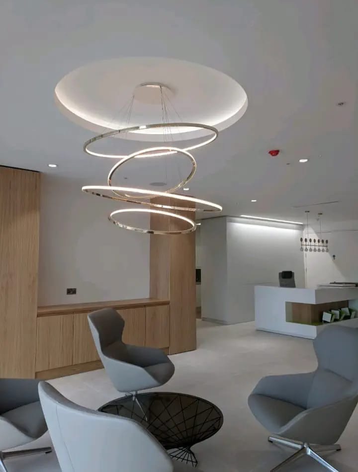 Finished office or reception interior with feature lighting